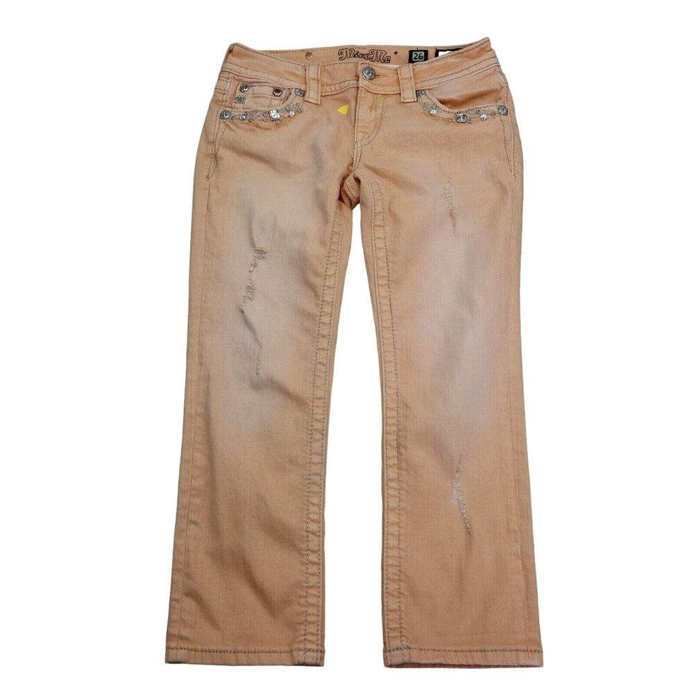 Miss Me Jeans Pants Womens 26 Peach Low Rise Beaded Pockets Cuffed Capri Bottoms